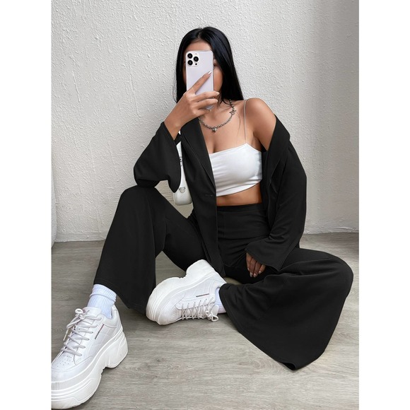 2 piece set suit single Button Blazer & Flare Leg wide leg Pants black - Picture 4 of 8